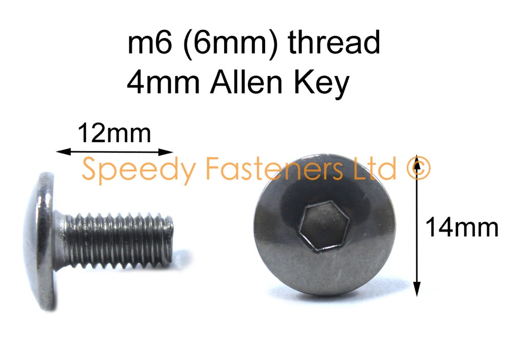 Black Aluminium Fairing Bolts m6 x 12mm (14mm diameter head) Allen Key Button Head