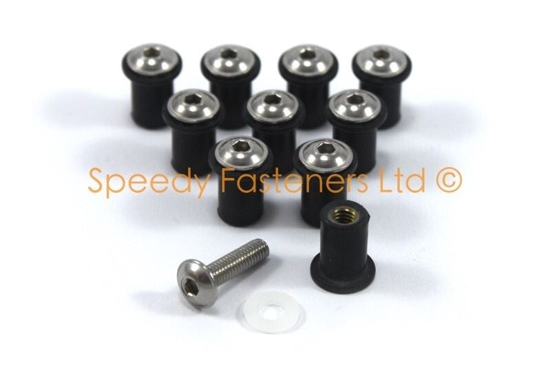 10x Motorcycle / Ducati Screen Bolts - Stainless Steel + Rubber Well Nuts m4 4mm