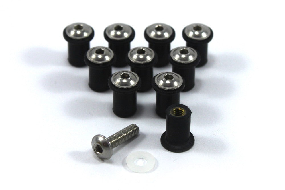 10x Motorcycle / Ducati Screen Bolts - Stainless Steel + Rubber Well Nuts m4 4mm